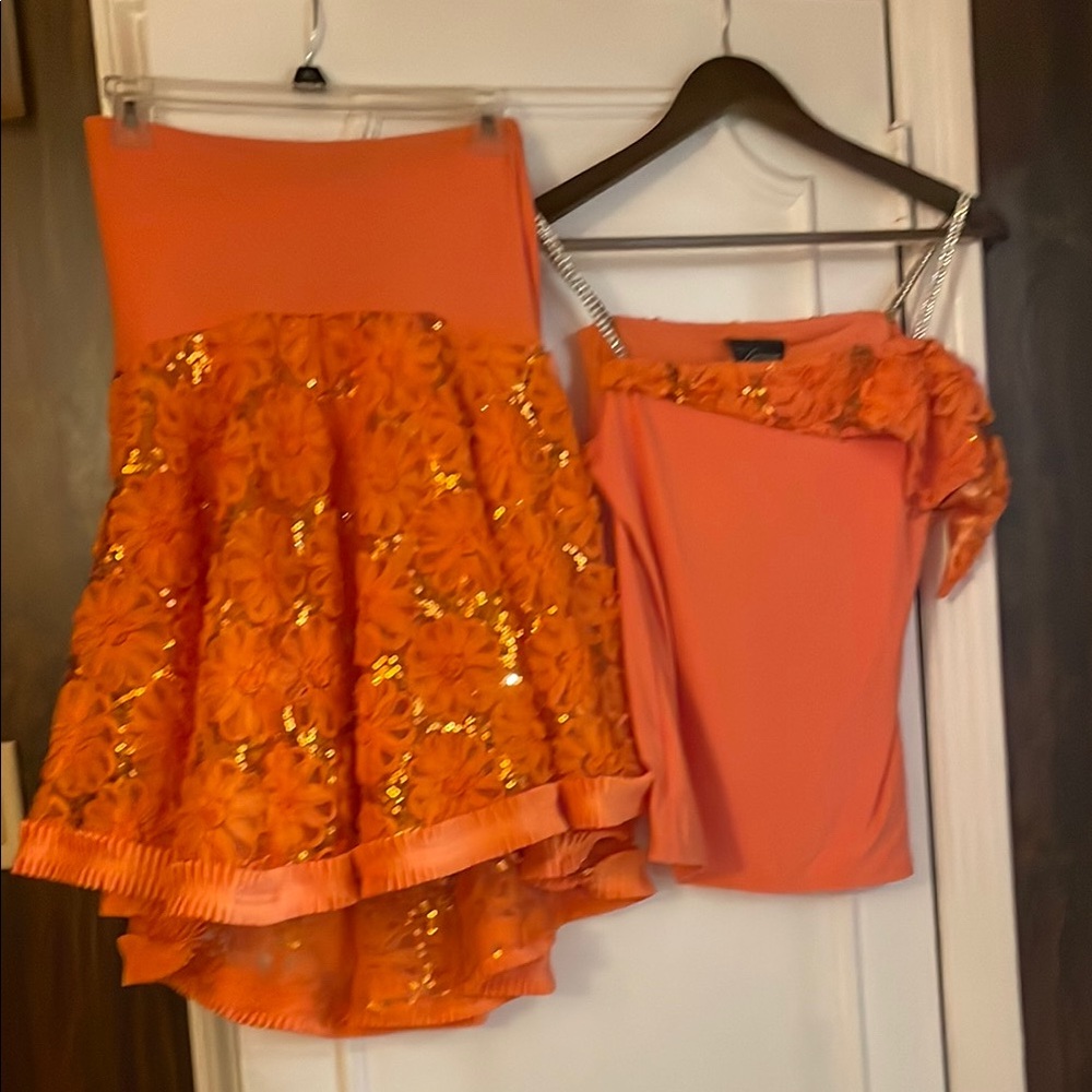 Elegant Orange Floral Skirt and matching top.  Stretchy body hugging.